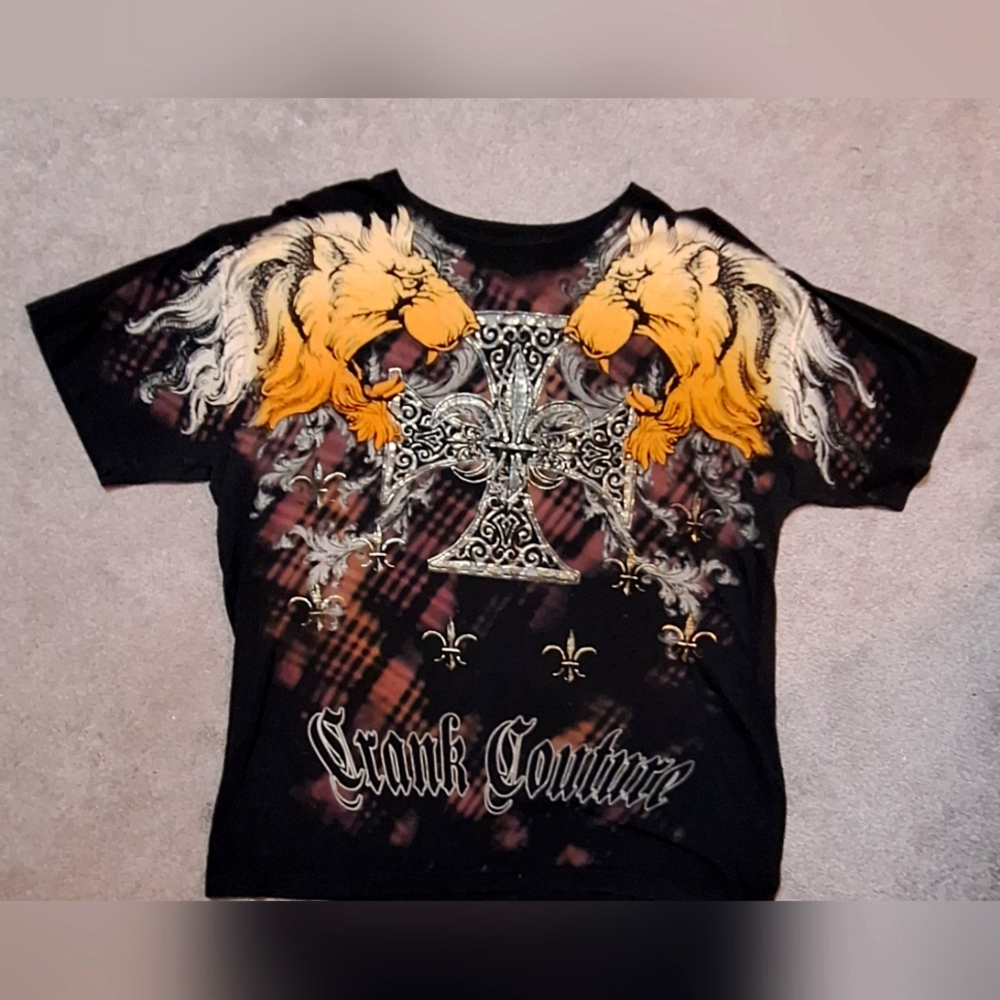 Affliction Wing Up Shirt X Large Blue/Black Distressed Skulls Wings Gothic Art